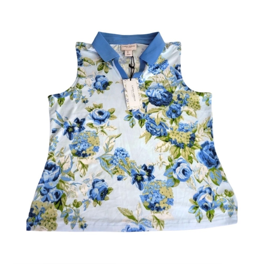 Laura Ashley Sleeveless Floral Blue Golf & Tennis Polo Top NWT Size XS